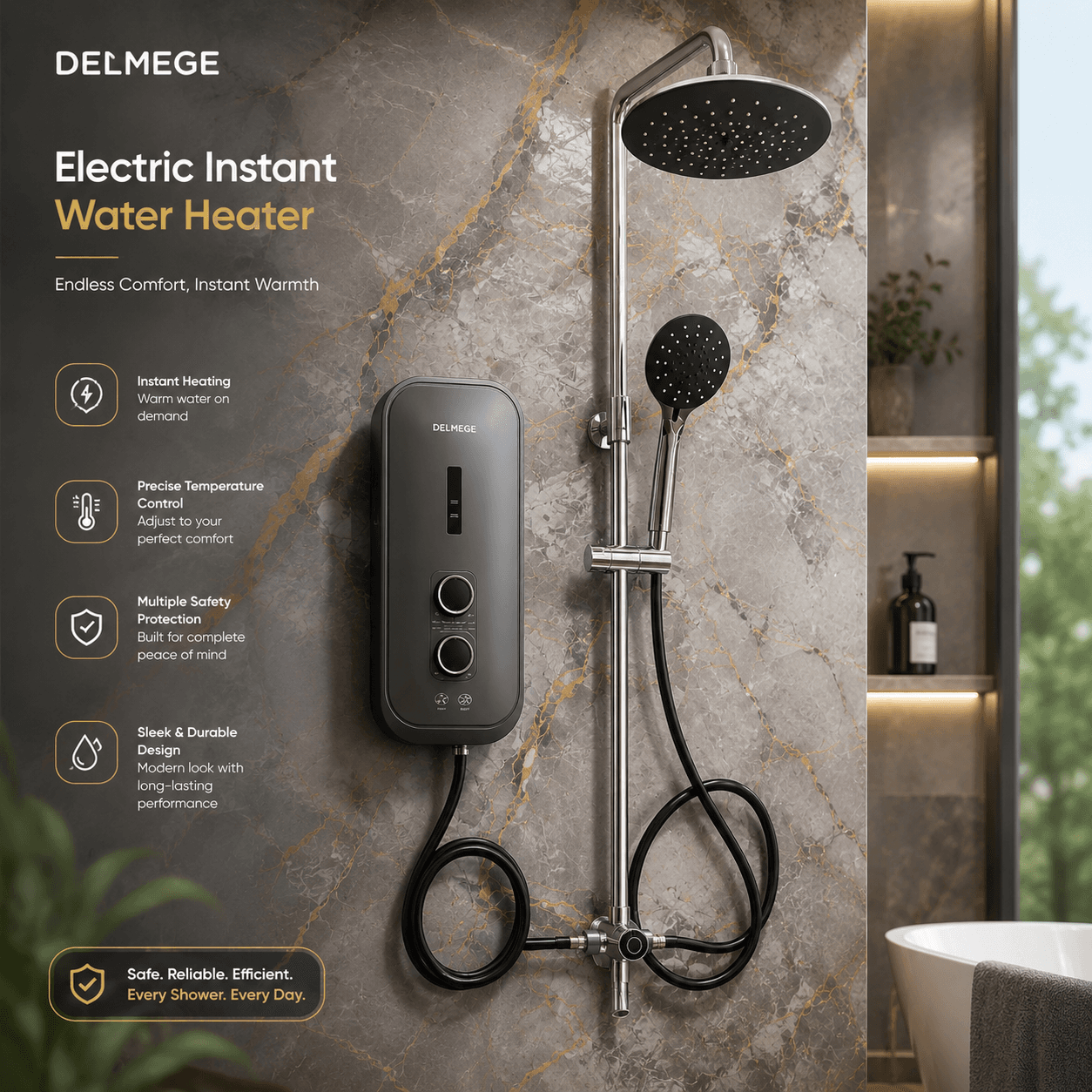 Delmege Instant Water Heater Rain Shower with Pressure Pump A-Series