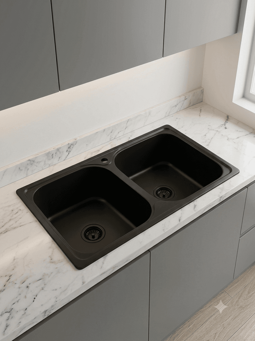 Reemer Matt Black Double Bowl Kitchen Sink 30 x 16